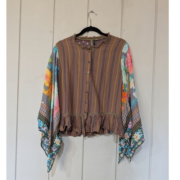 Aratta Silent Journey Boho Striped Floral Scarf Sleeve Blouse S Colorful - Picture 3 of 14